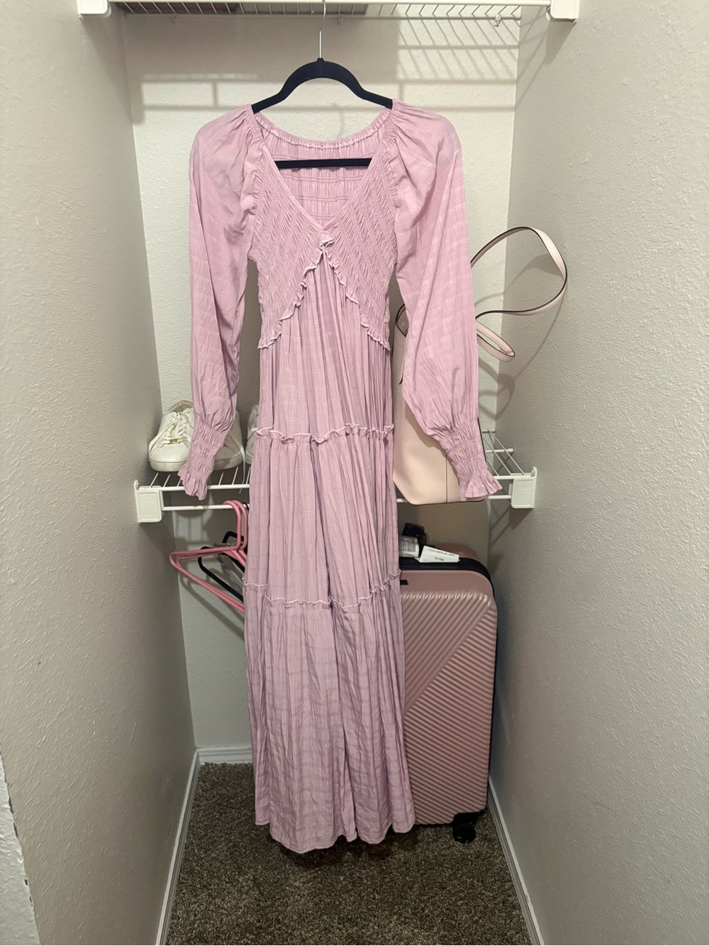 Light Pink Long Sleeve Maxi Dress with Smocked Bodice